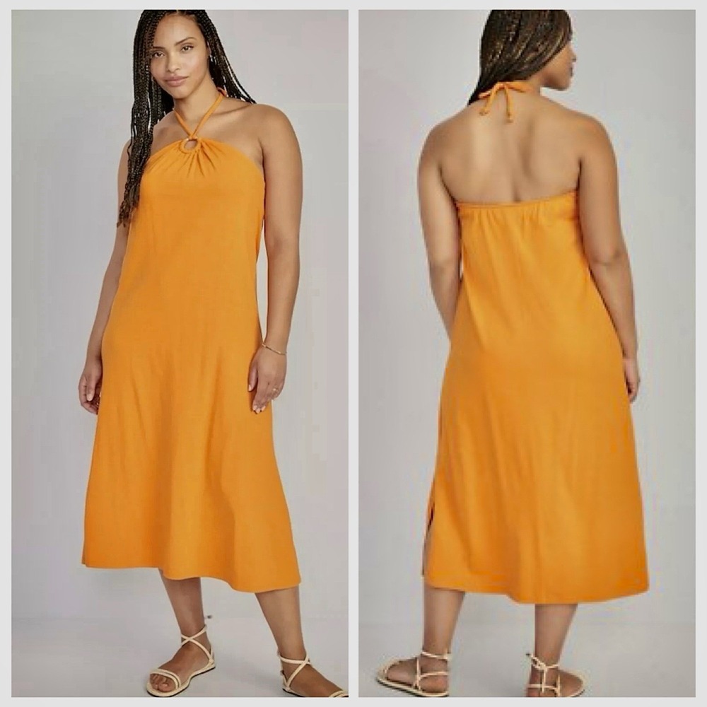 NEW Old Navy Slub Knit Midi Halter Dress Size S Wild Papaya Orange Boho Tropical
